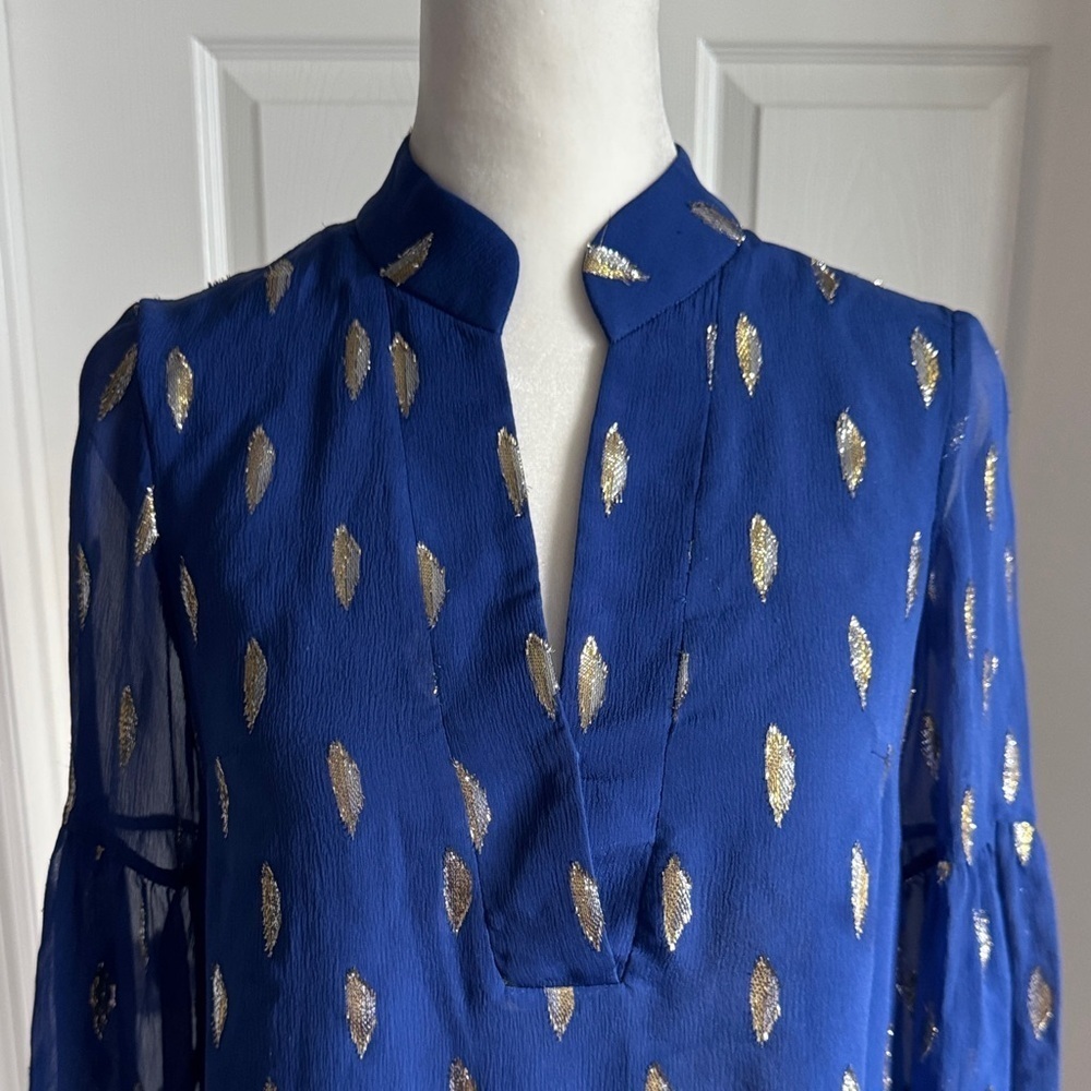 Lilly Pulitzer Royal Blue Blouse with Gold Leaf Pattern - Picture 3 of 16
